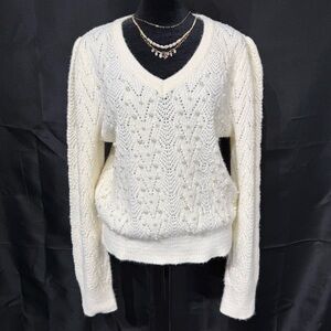 Nanette Lepore Ivory Pearl Embellished Knit Sweater • Luxe V-Neck • Size L